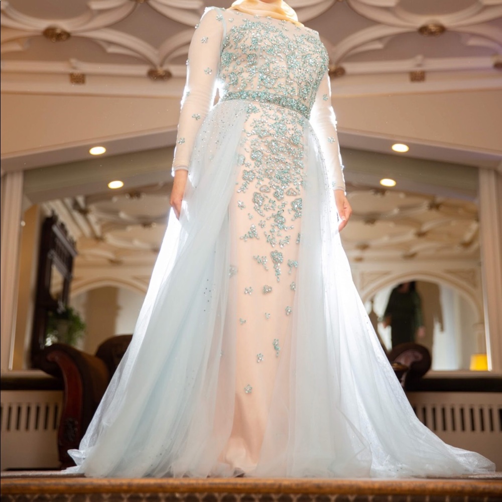 Jovani blue dress with rhinestone and overskirt